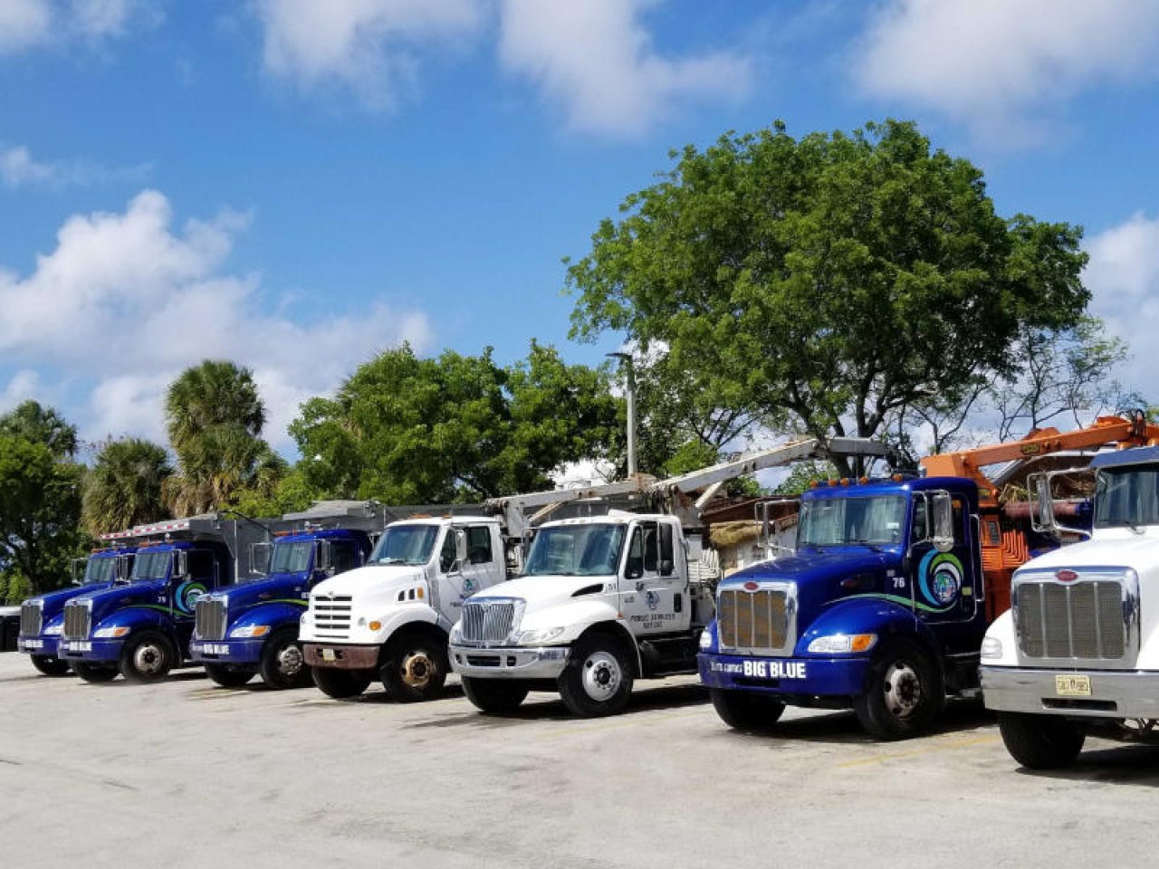 Row of solid waste vehicles.